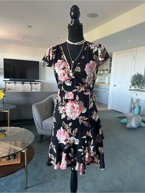 Xhilaration Black Floral Mini Wrap Dress with Pink Blooms